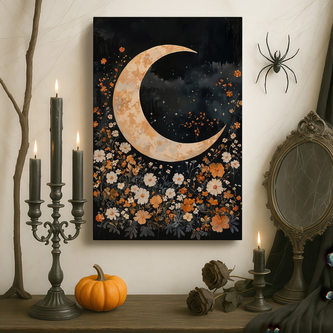 Framed Wall Art: Elegant moon and floral canvas print in a dark, moody interior. Featuring a black, white, and gold color palette. Perfect for a sophisticated space.