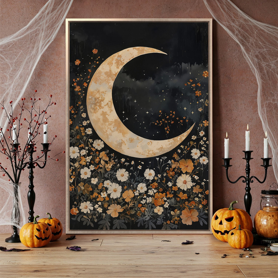 Framed Wall Art: Elegant moon and floral design in a dark, moody palette. Perfect Halloween decor. Add a touch of gothic charm to your space.
