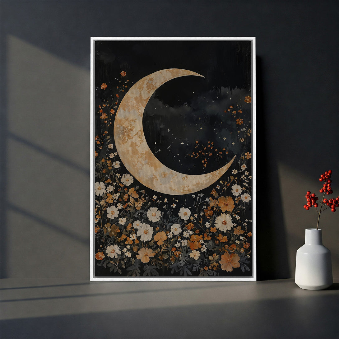 Framed Wall Art: Moon & floral art print in moody black and white tones. Perfect for adding a touch of gothic elegance to your home decor.
