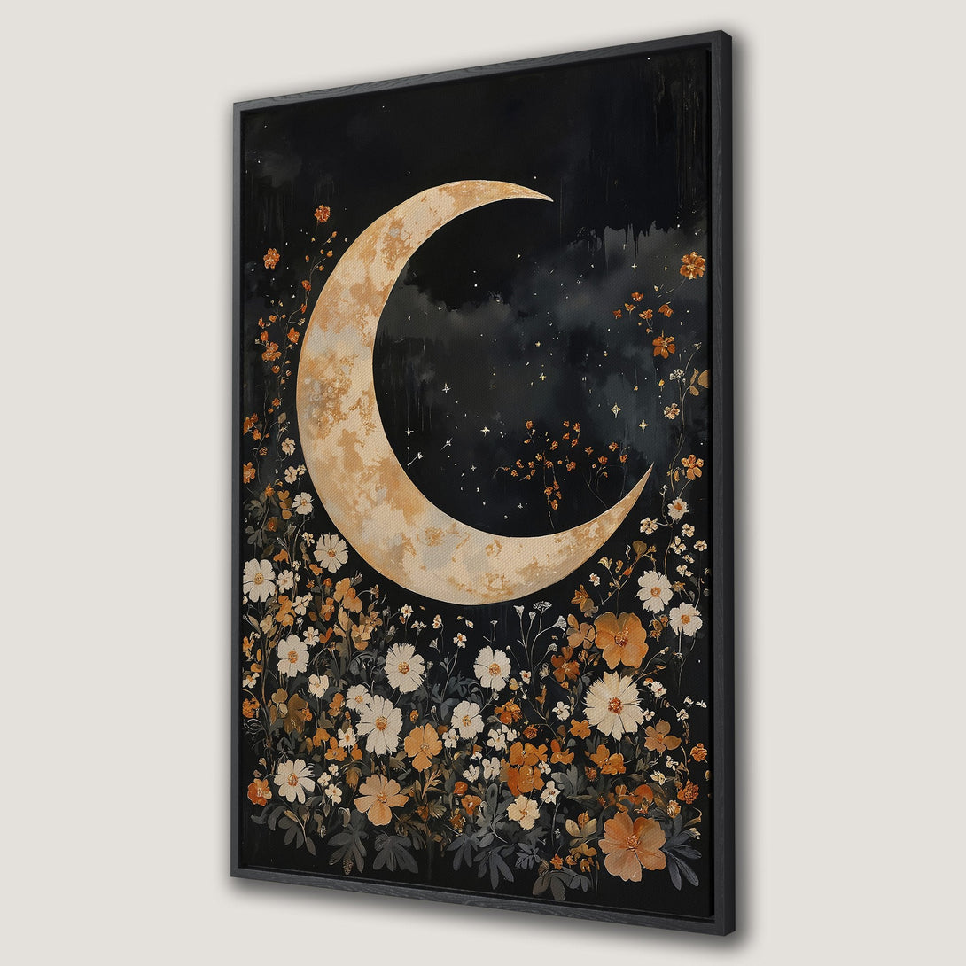 Framed Wall Art featuring a crescent moon and floral design in a dark, moody palette. Perfect for adding a touch of gothic romance to your home.