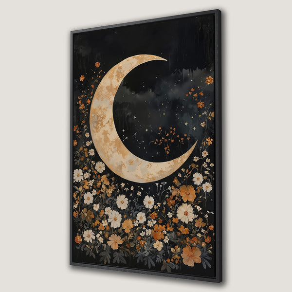 Framed Wall Art featuring a crescent moon and floral design in a dark, moody palette. Perfect for adding a touch of gothic romance to your home.
