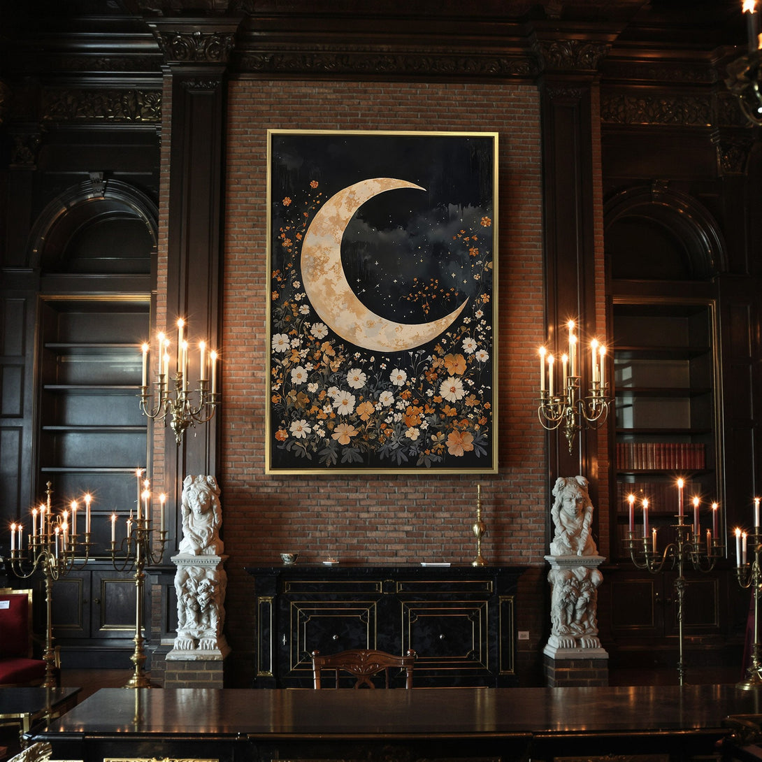 Canvas Print featuring a gothic moon and floral design in a dark, moody color palette, perfect for Halloween decor.