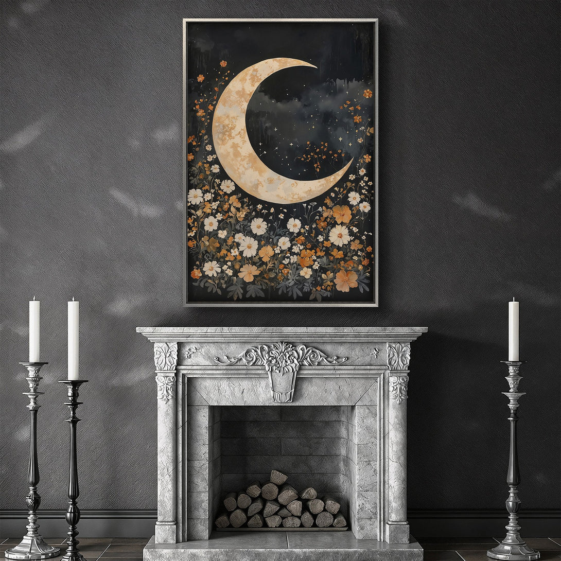 Framed Wall Art featuring a crescent moon and white flowers. Dark, moody aesthetic with a grayscale and cream color palette. Perfect for adding a touch of elegance.