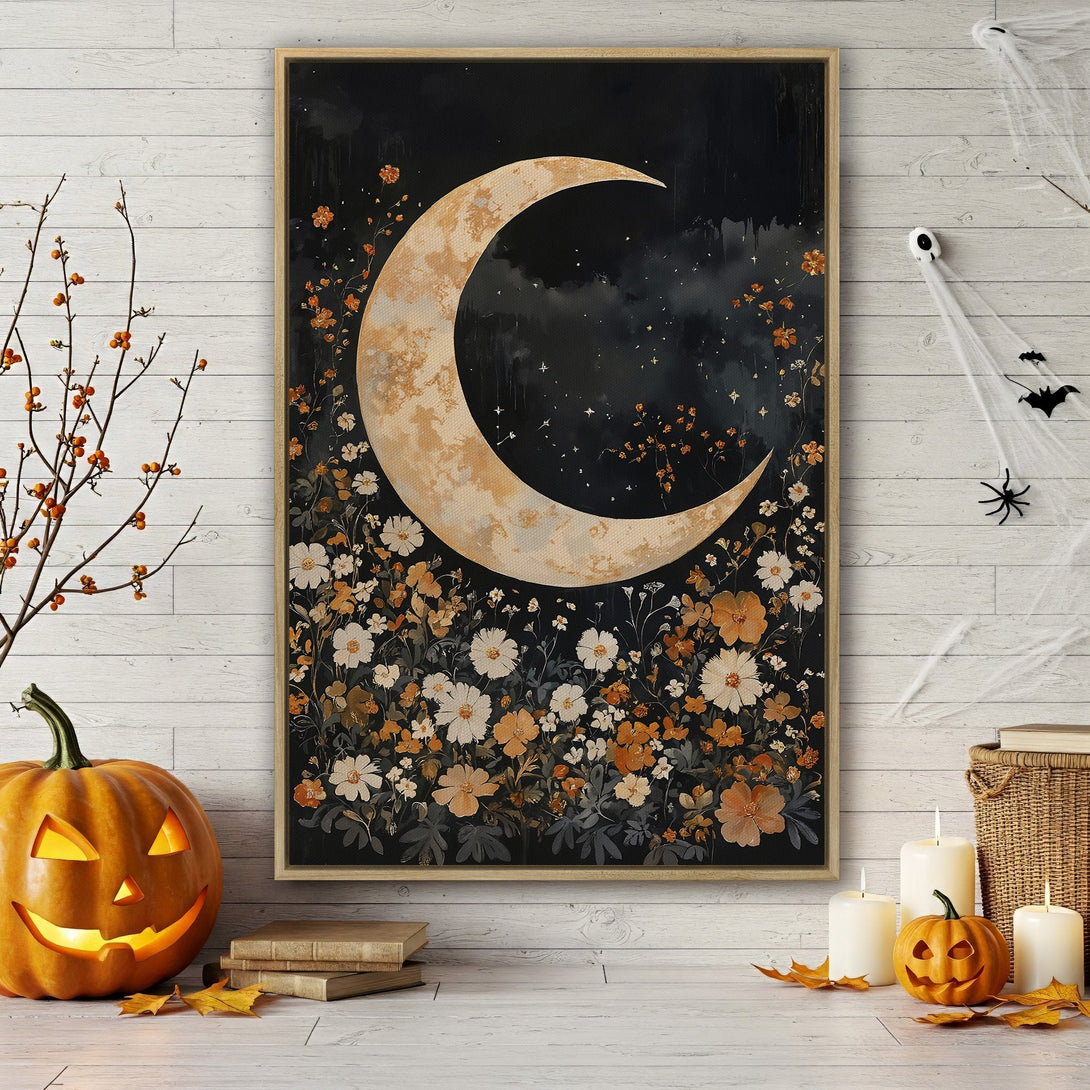 Framed Wall Art featuring a crescent moon and white flowers, in a vintage style with a dark, moody color palette. Perfect for Halloween decor!