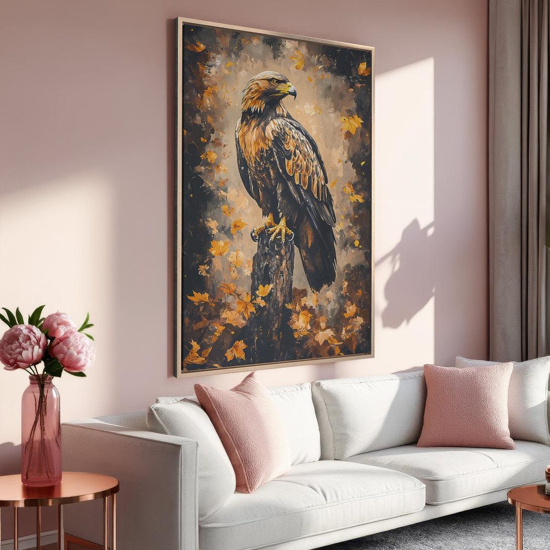 Framed Wall Art: Majestic eagle canvas print in warm earth tones, perfect for adding a touch of nature and elegance to your living room.