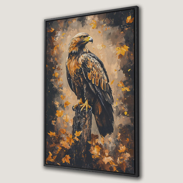 Framed Wall Art featuring a majestic eagle perched on a tree stump. Impressionistic style with a warm, earthy color palette of browns, golds, and blacks. Perfect for autumn decor.