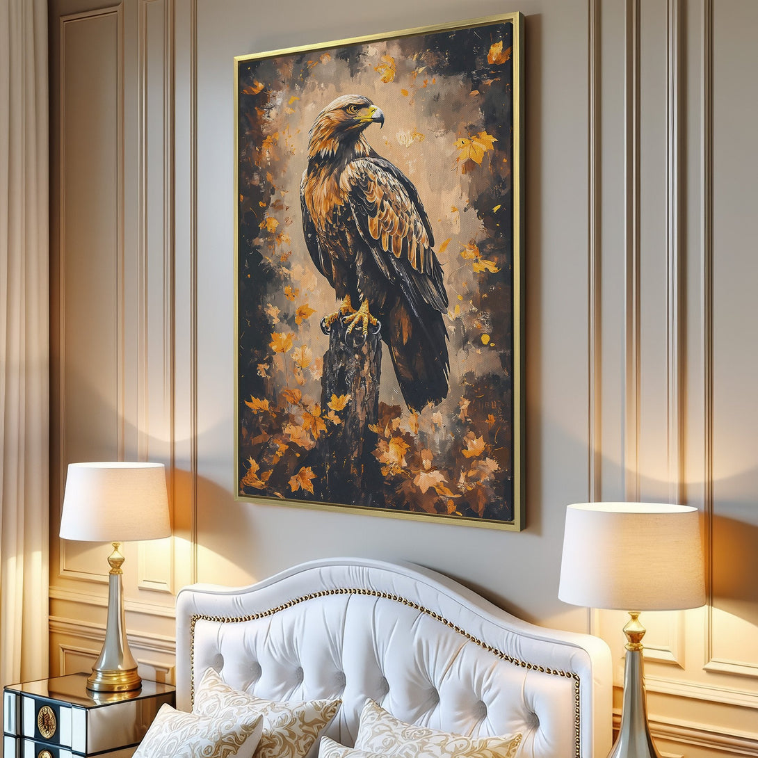 Canvas Print of a majestic eagle, painted in a warm, earthy palette. Perfect framed wall art for nature lovers, adding a touch of elegance to any space.