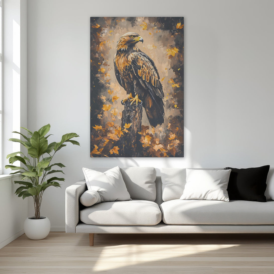 Framed Wall Art: Majestic eagle portrait in warm autumn tones. Stunning canvas print with a golden frame, perfect for adding elegance to any room.