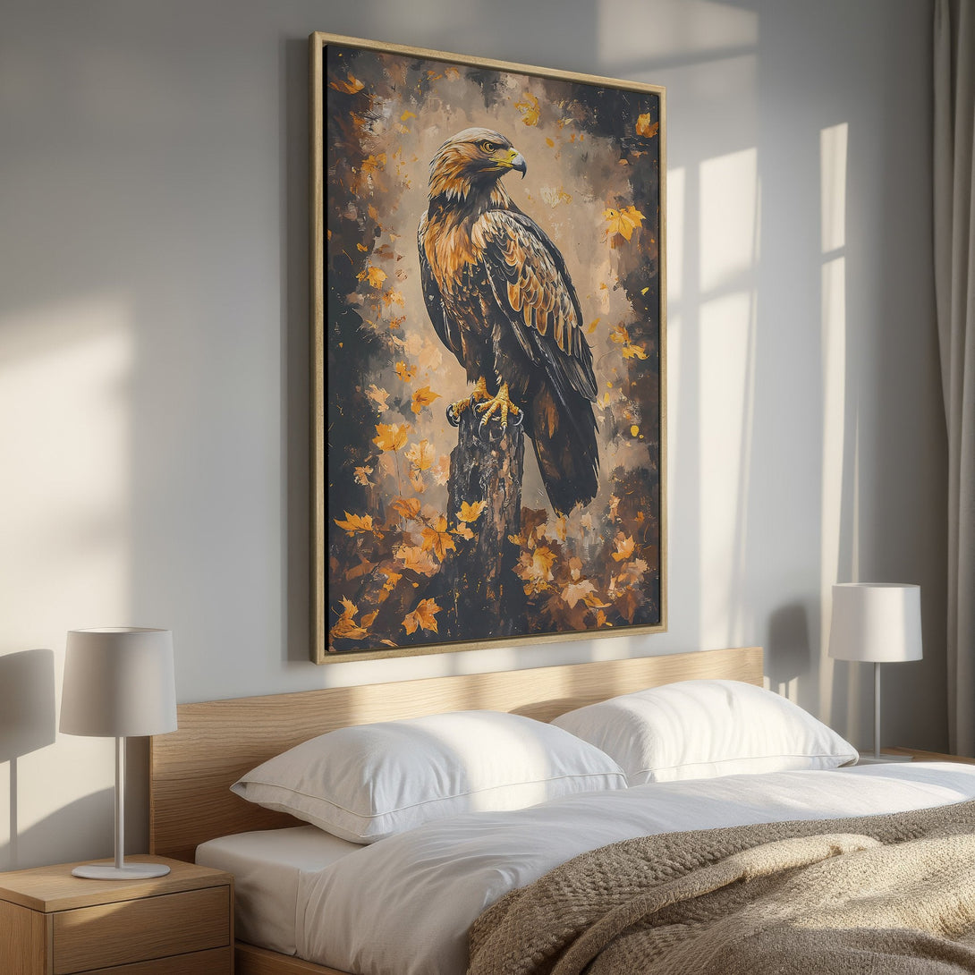 Framed Wall Art: Majestic eagle painting in warm autumn hues. Adds a touch of nature and elegance to any bedroom decor. Shop now!