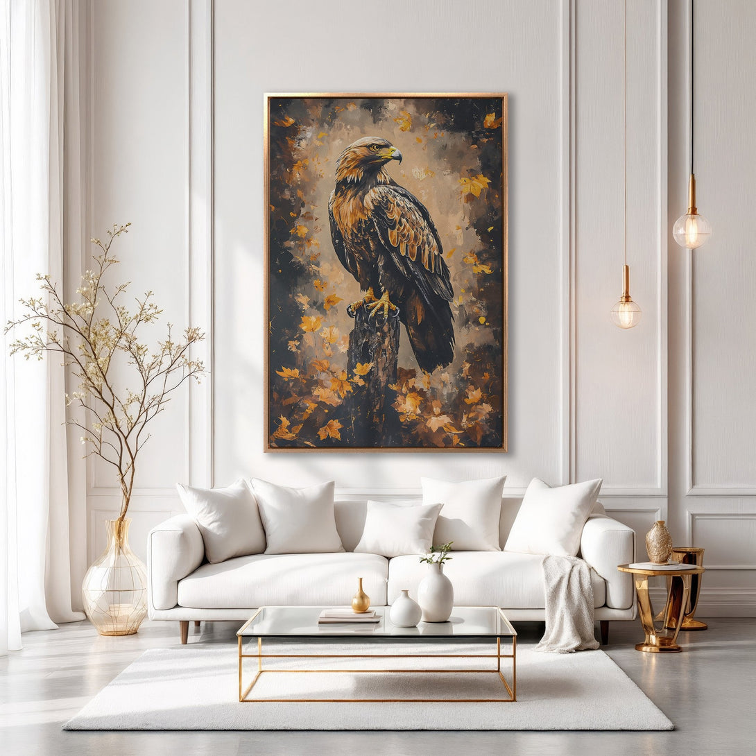Framed Wall Art: Majestic eagle canvas print with warm brown and gold tones, perfect for adding a touch of nature-inspired elegance to your living room.