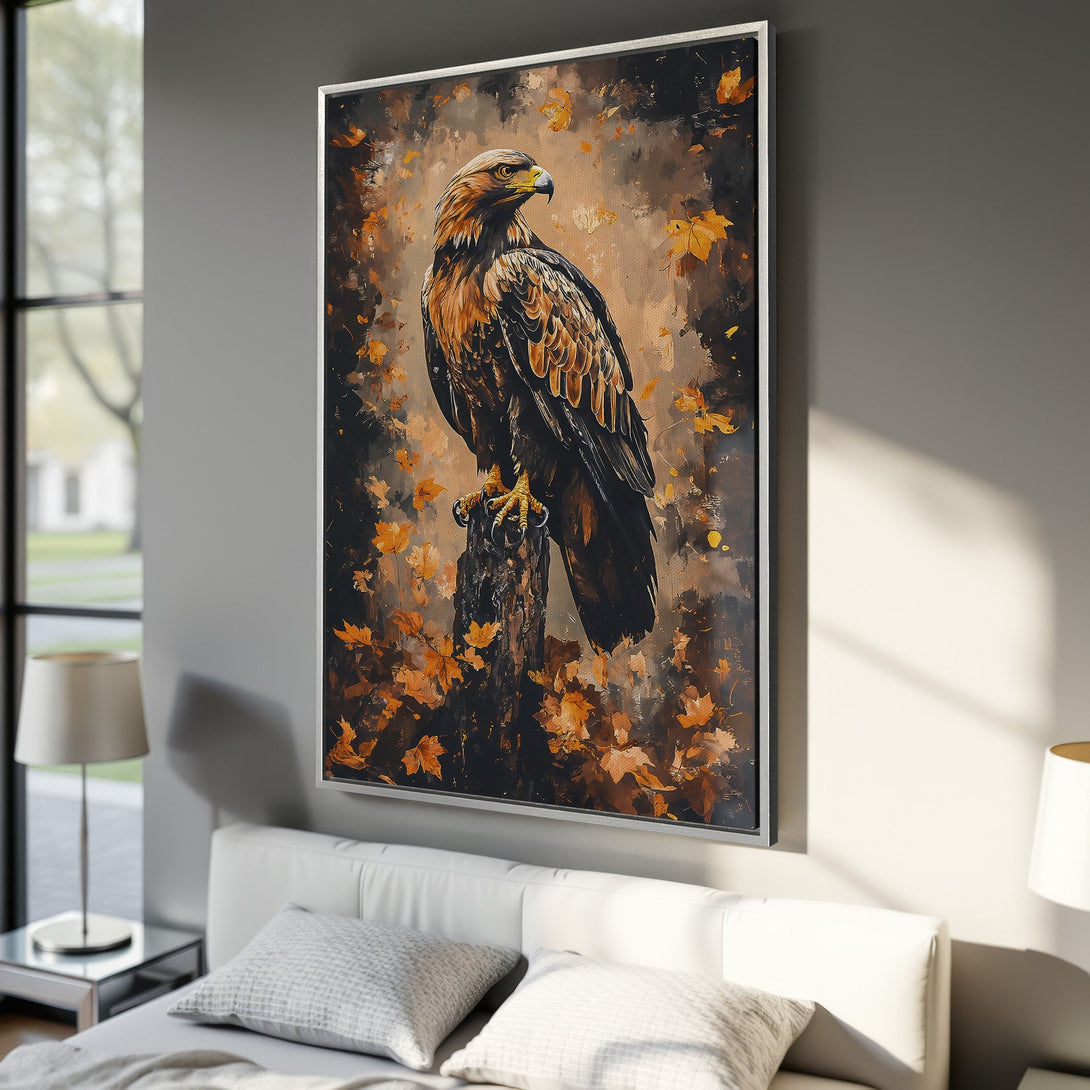 Framed Wall Art: Majestic eagle canvas print in warm autumn tones. Stunning artwork with a brown, gold, and black color palette, perfect for your home decor.