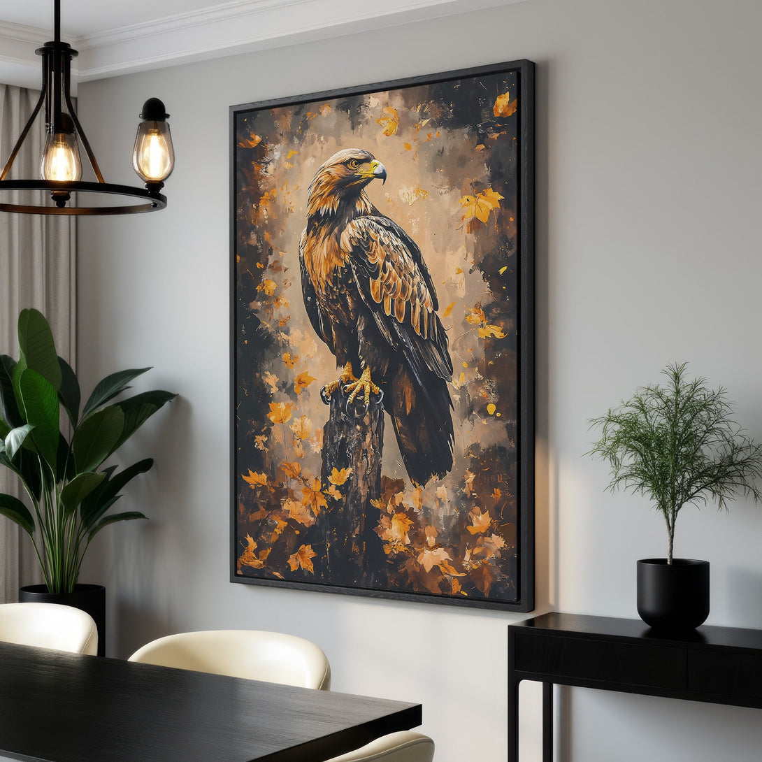 Framed Wall Art featuring a majestic eagle in autumn colors. Stunning canvas print with a warm, earthy palette. Perfect for adding a touch of nature to your home!