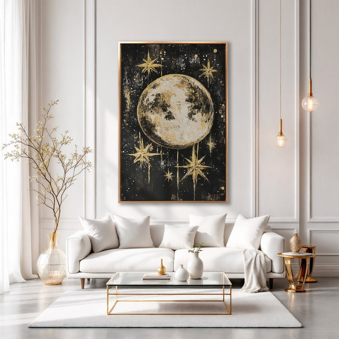 Framed Wall Art: Celestial moon and stars painting in gold and black, displayed in a modern white interior. Elevate your space with this stunning artwork.