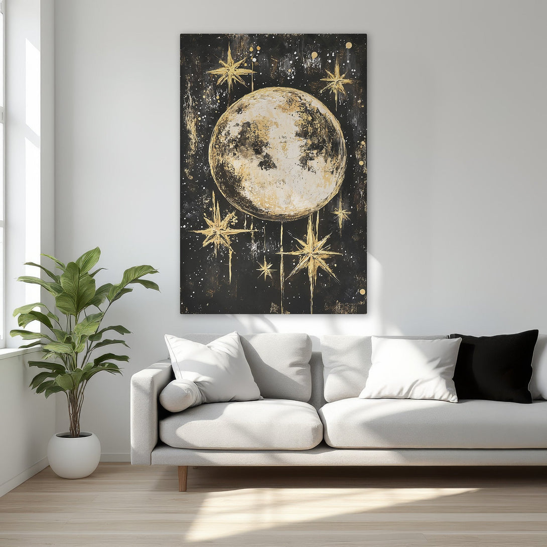Framed Wall Art: Celestial moon and stars painting in gold and black. Adds a touch of luxury to any space. Shop this stunning canvas print today!