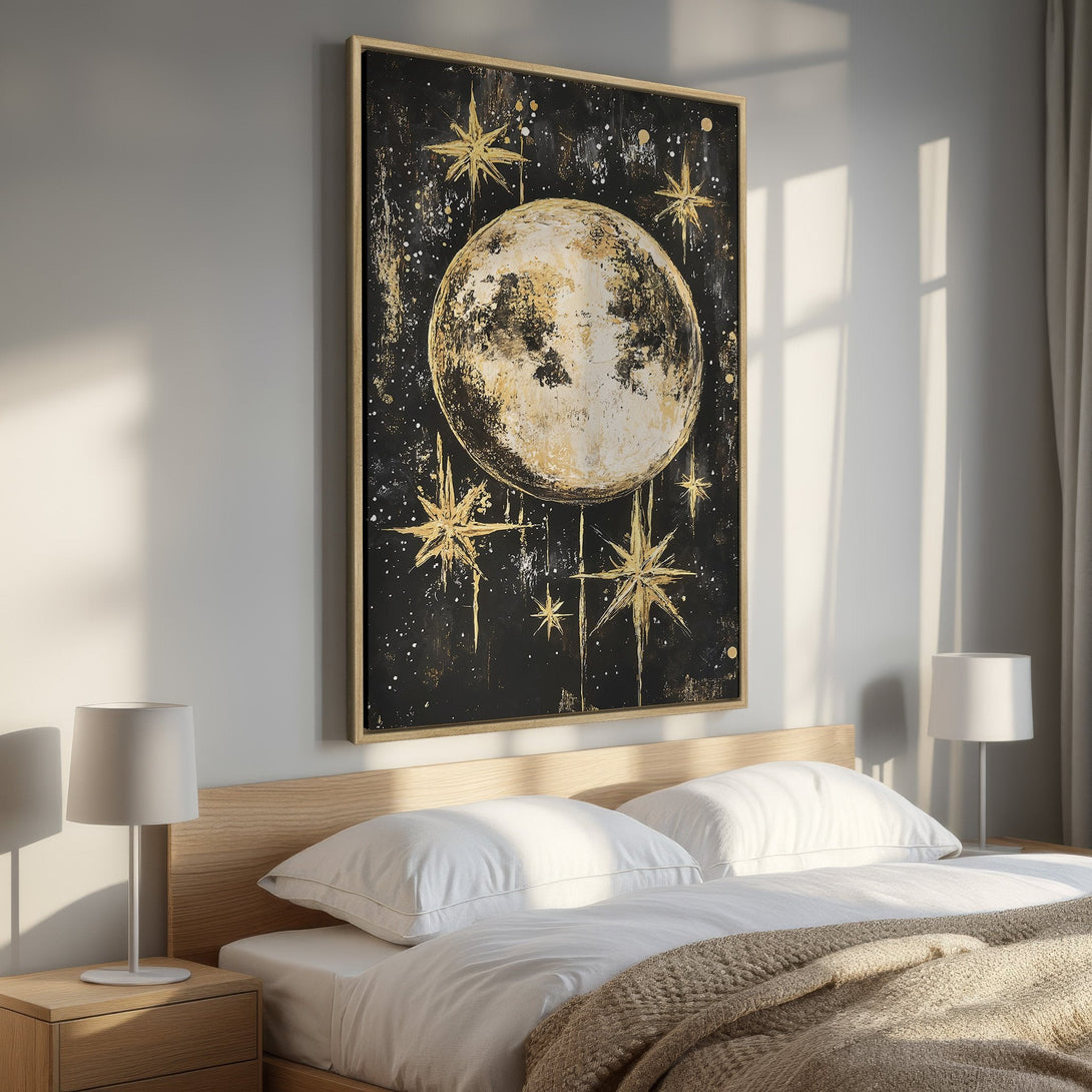Framed Wall Art: Abstract moon and stars painting in gold and black. Modern canvas print adds celestial style to bedroom decor.
