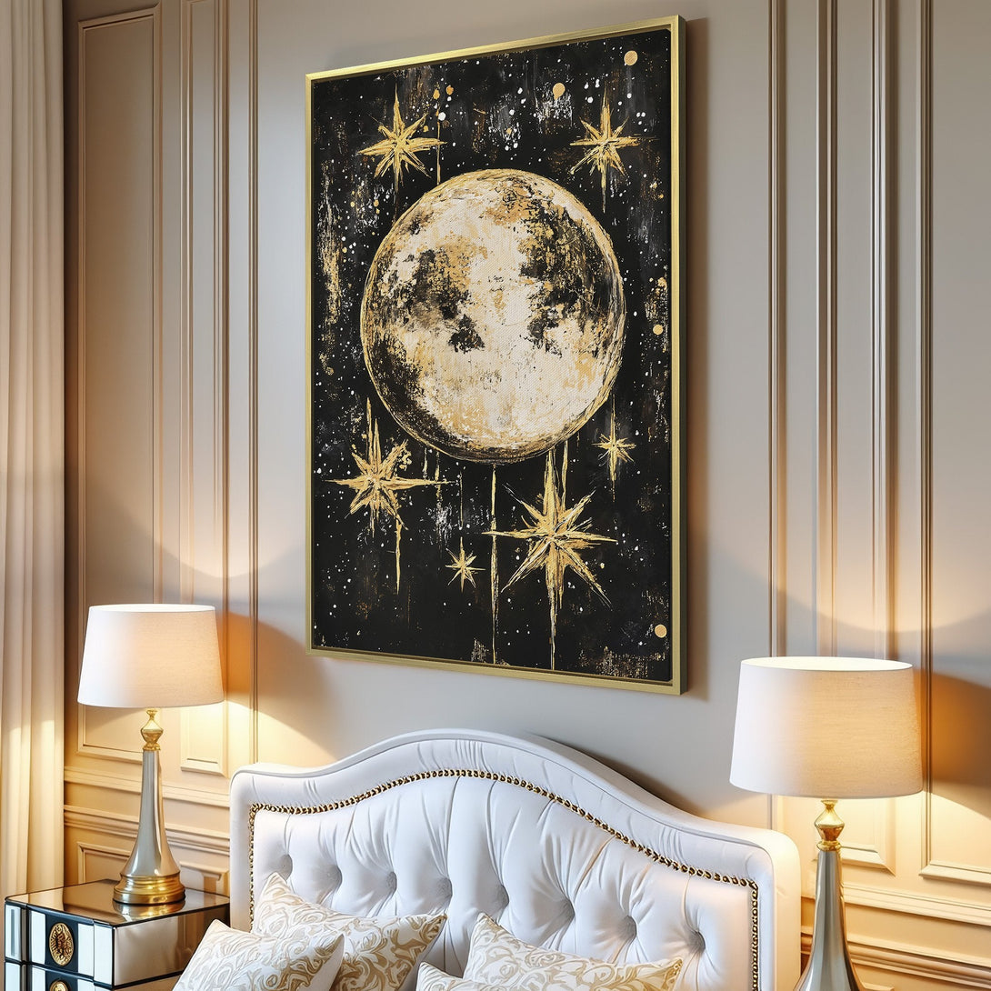 Canvas Print featuring a celestial moon and stars, perfect for adding a touch of modern art with a black, gold, and white color palette to your living room.