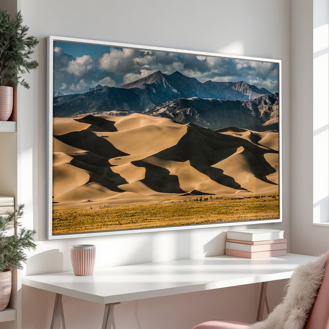 Framed Wall Art: Stunning desert landscape Canvas Print with warm, earthy tones. Bring the beauty of nature into your home!