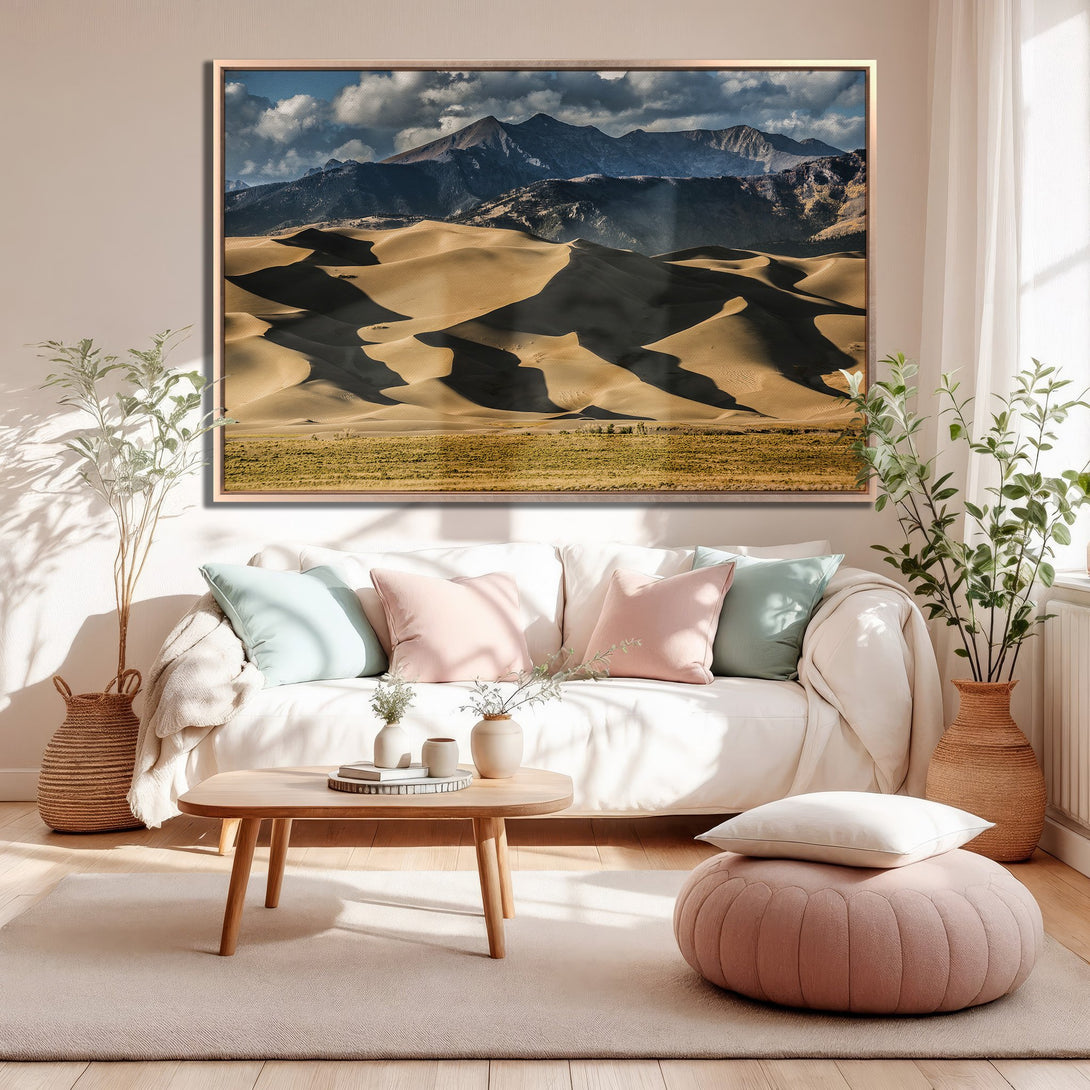 Framed Wall Art of desert landscape in a modern living room. Neutral color palette with warm tones. Perfect for adding a touch of nature to your space.