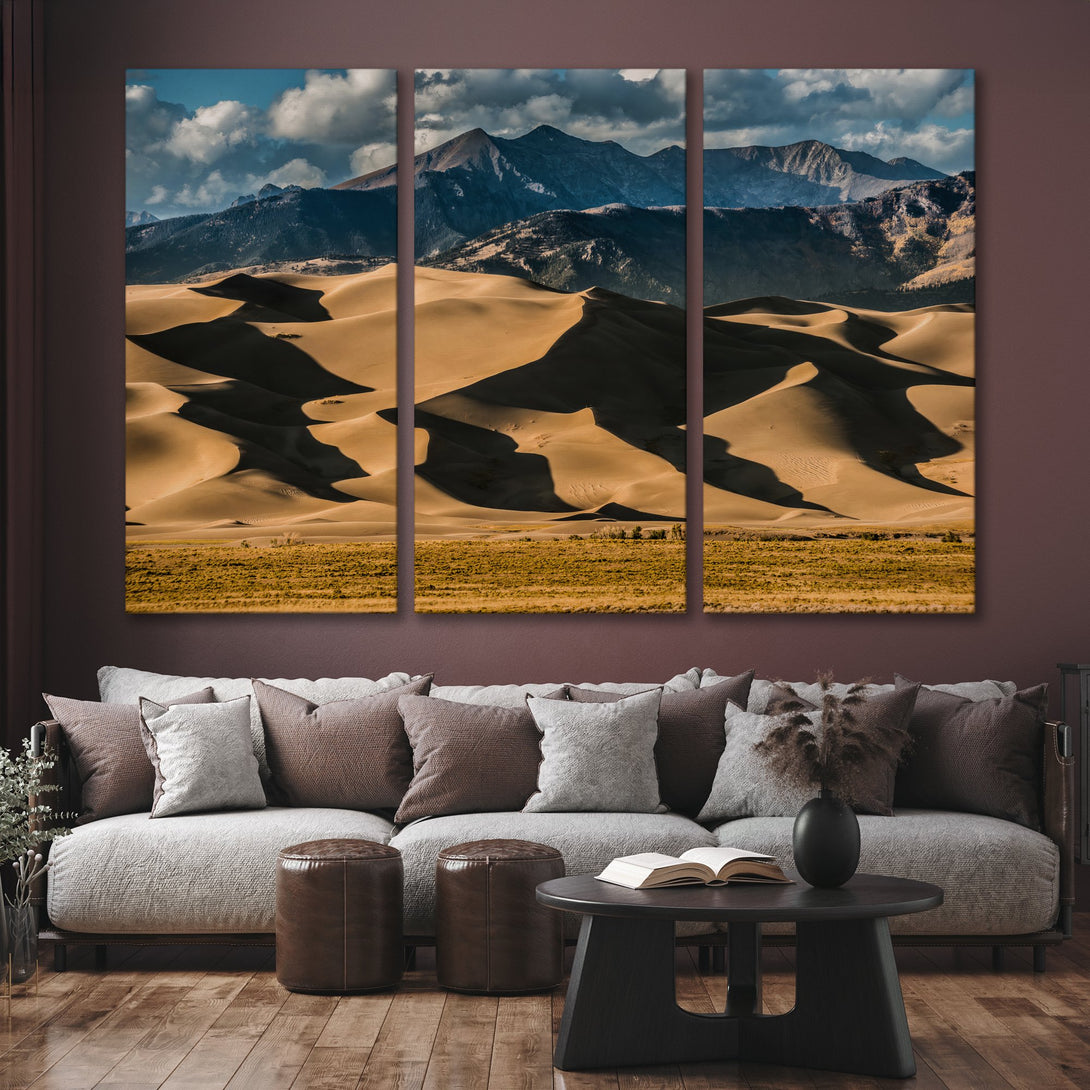 Canvas Print of desert landscape art. Neutral tones with warm beige, brown, and blue hues. Modern wall decor for living room.