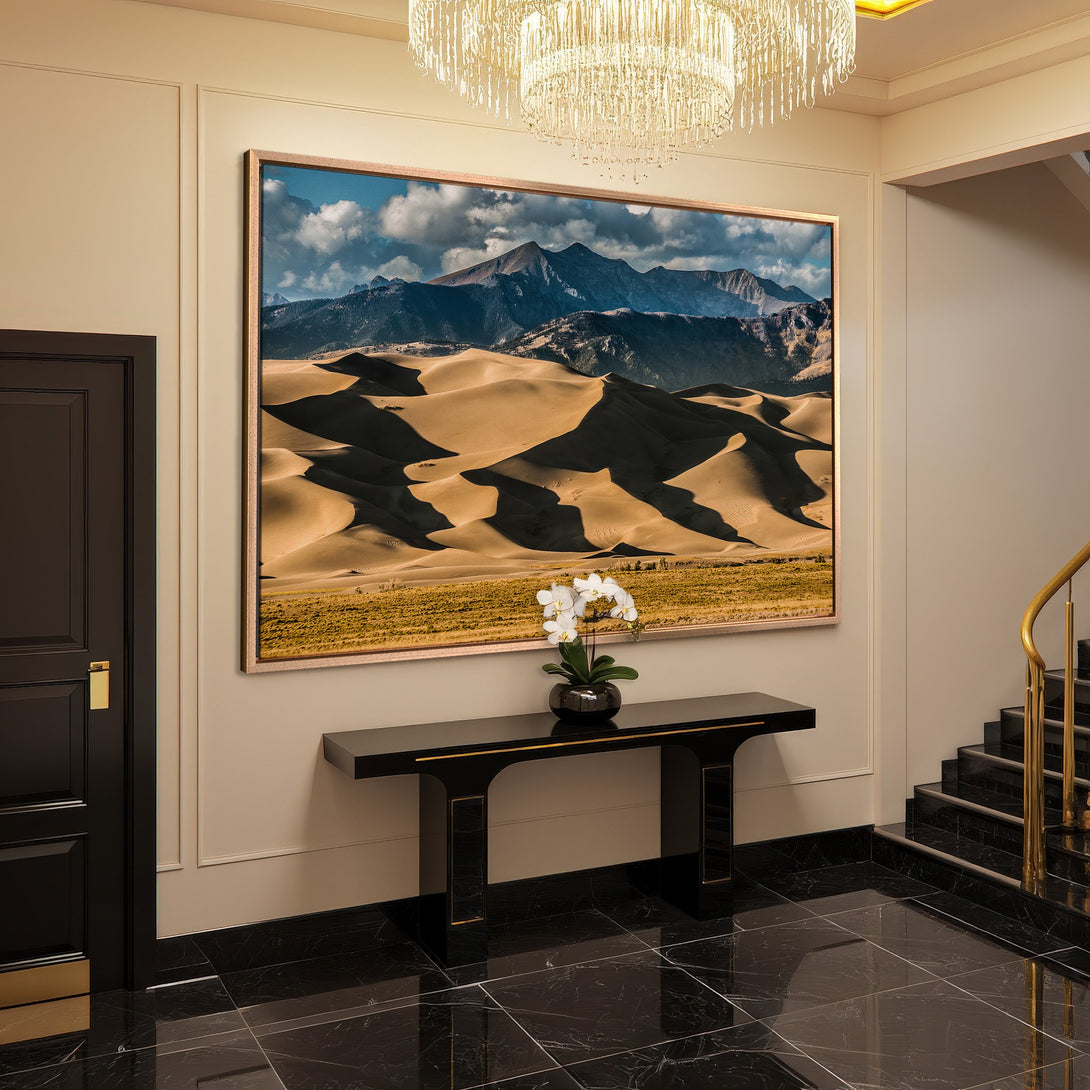 Framed Wall Art of desert landscape in a luxury interior. Earthy tones of beige, brown, and blue create a stunning focal point.