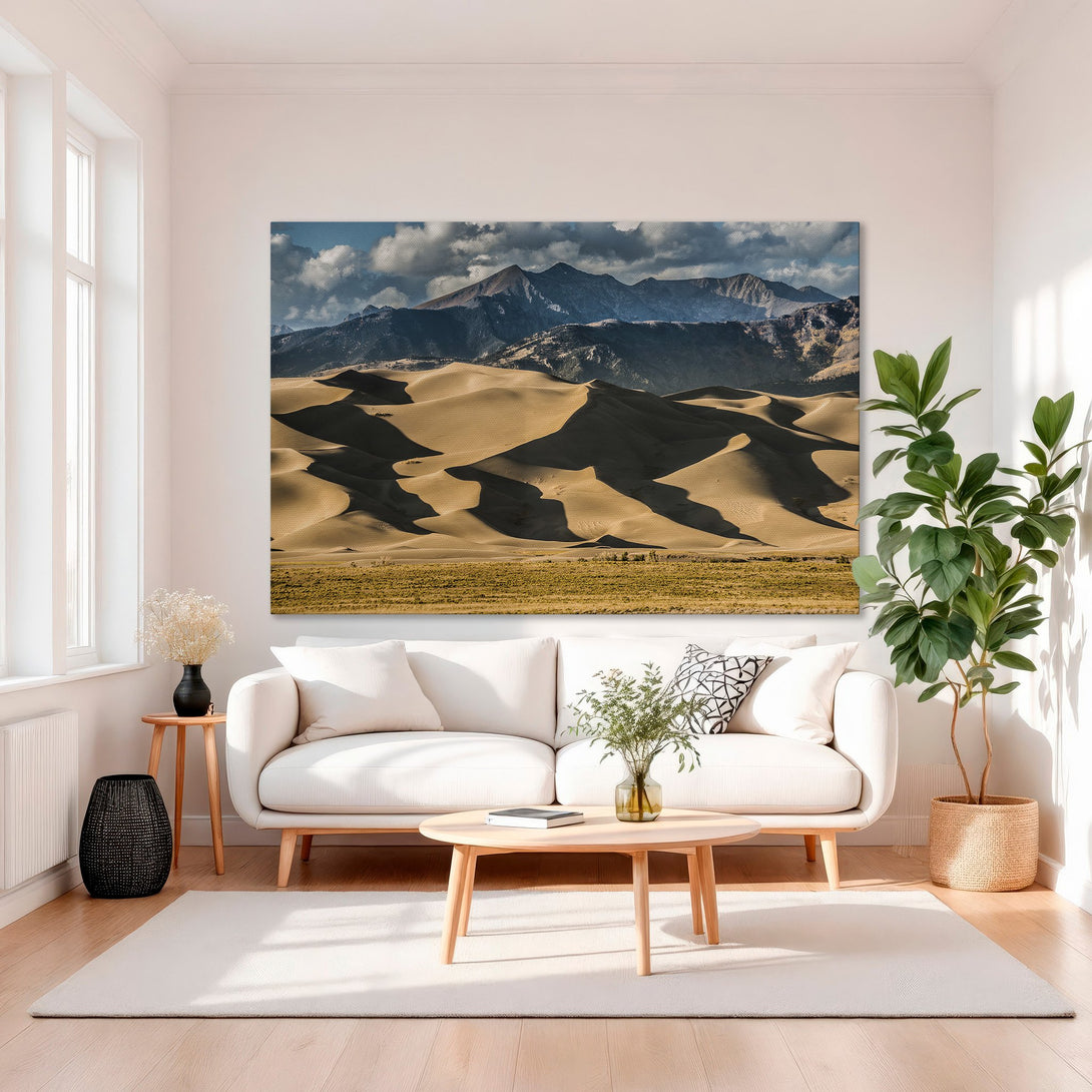 Framed Wall Art of desert landscape in a modern interior. Earthy tones and dramatic shadows create a stunning focal point. Elevate your space!