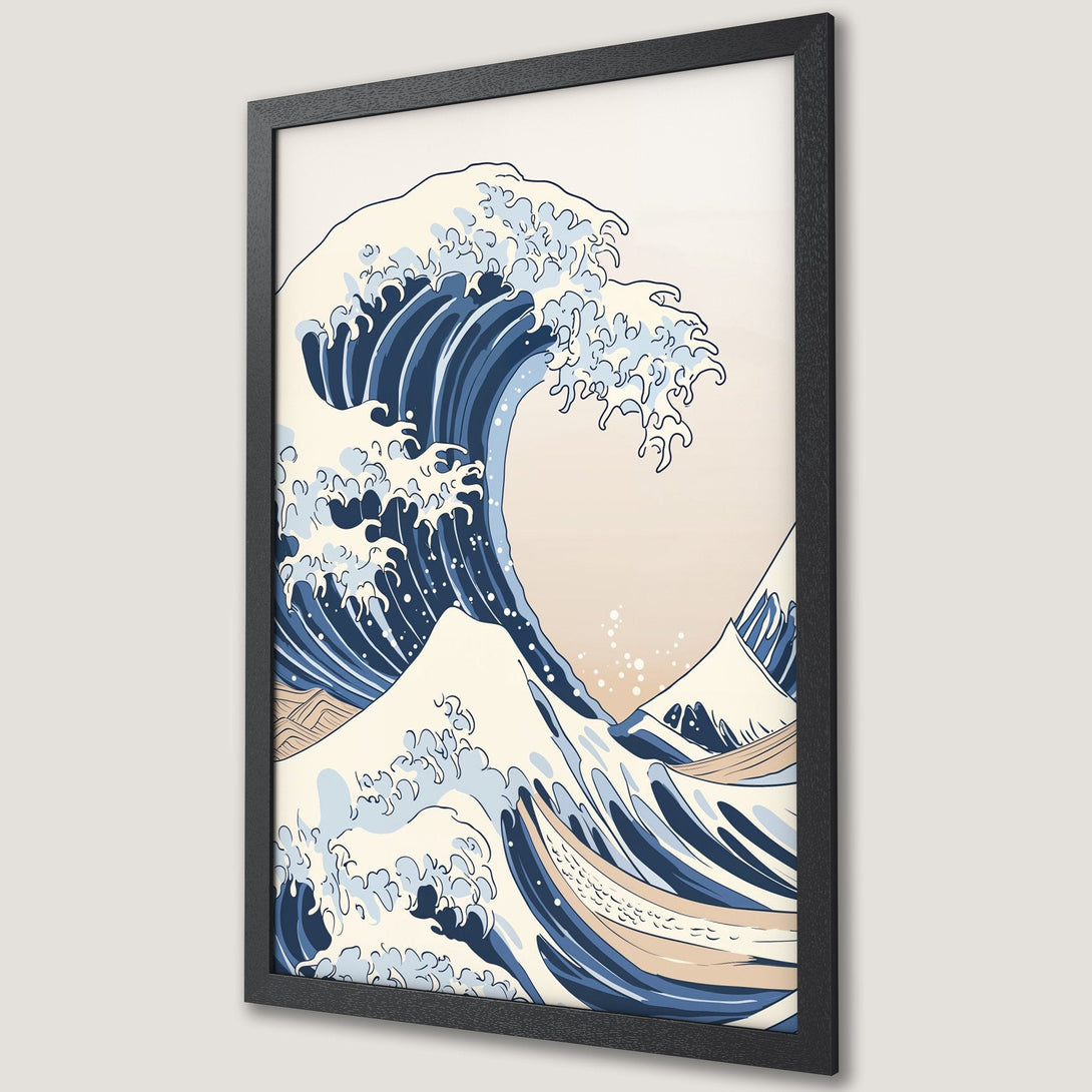 Framed Poster of iconic Japanese wave art. Featuring a blue and beige color palette, this stylish poster adds a touch of zen to any space.
