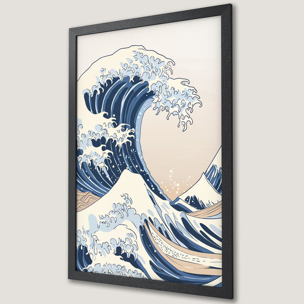 Framed Poster of iconic Japanese wave art. Featuring a blue and beige color palette, this stylish poster adds a touch of zen to any space.