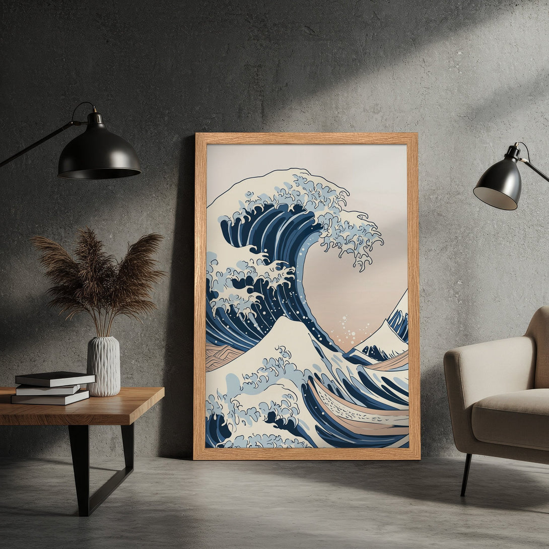 Framed Poster featuring a classic Japanese wave art print. Stylish decor in blue, beige, and neutral tones. Enhance your space with this art poster.
