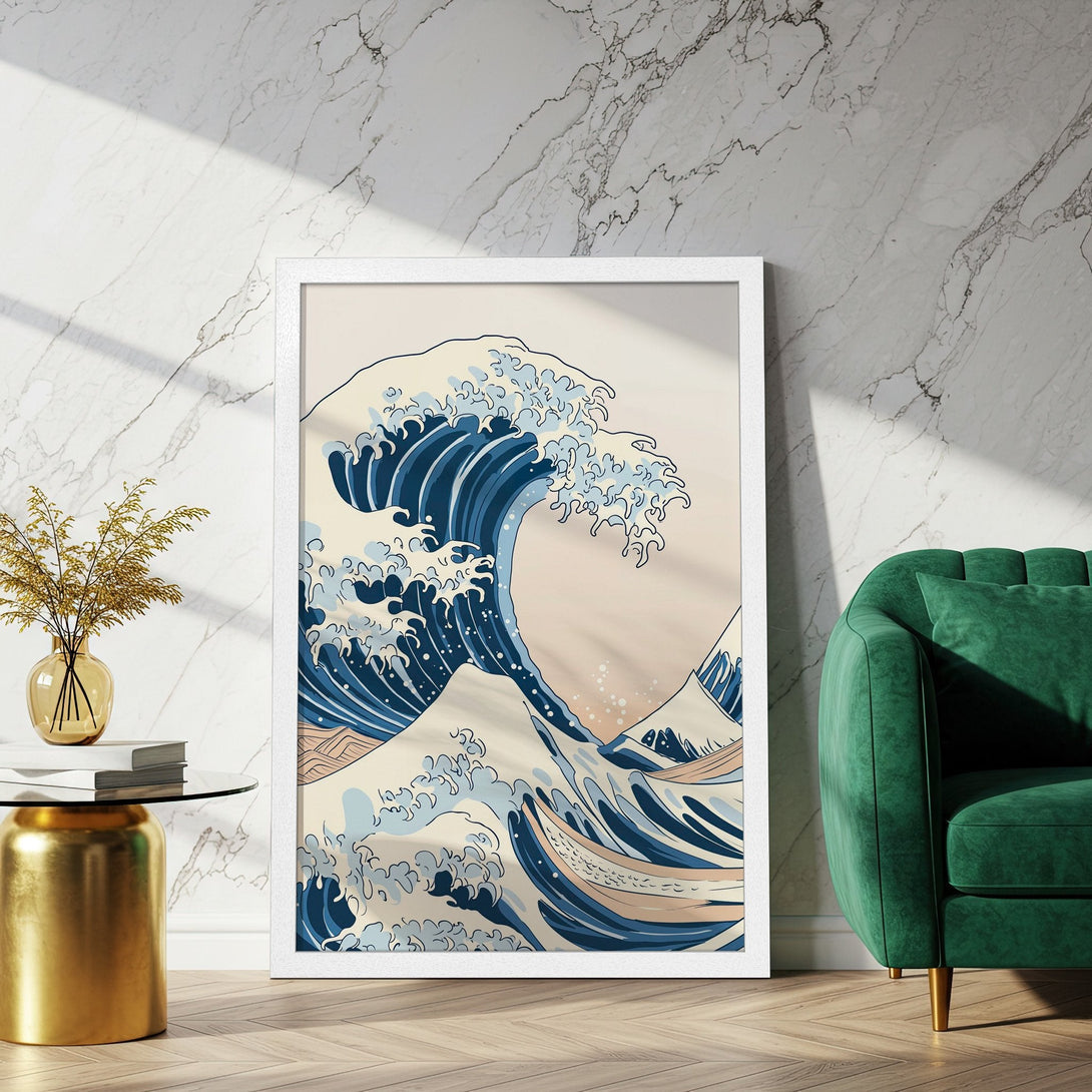 Framed Poster of The Great Wave off Kanagawa. Japanese art style, blue & beige color palette, perfect wall decor.