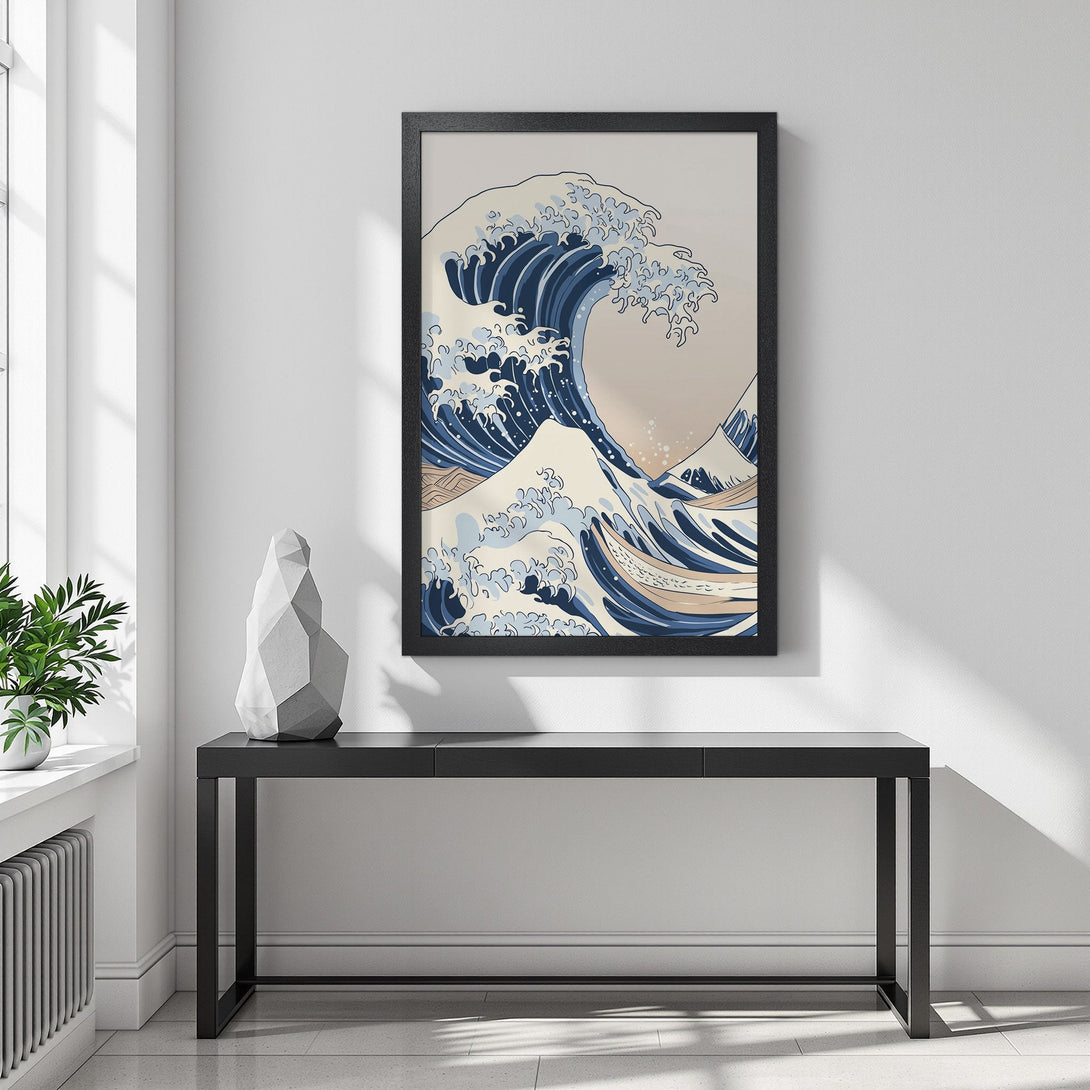 Framed Poster of iconic Japanese wave art. Blue, beige, and white color palette. Perfect for adding a touch of zen to your space.