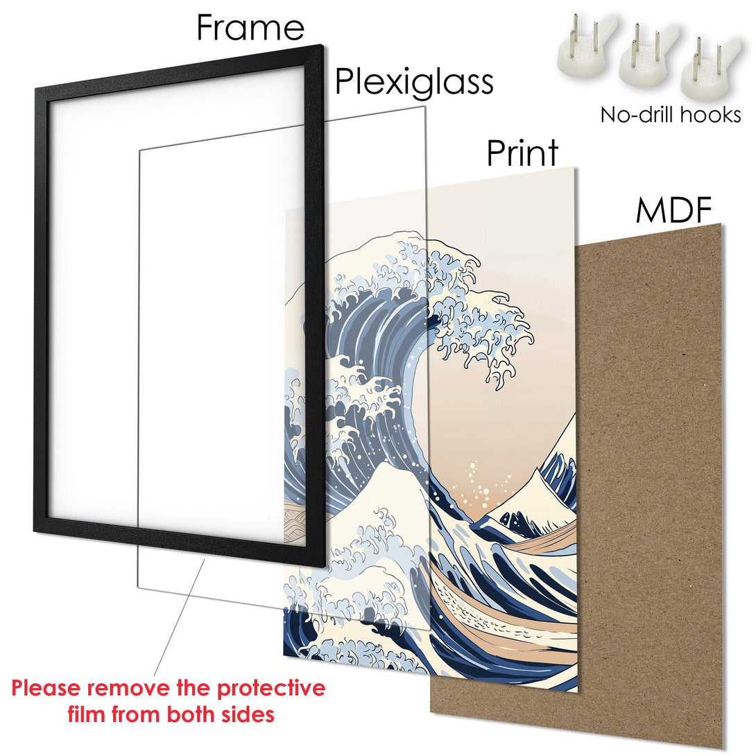 Framed Poster of iconic Japanese wave art, blue & beige tones. Elevate your space with this stunning wall art!