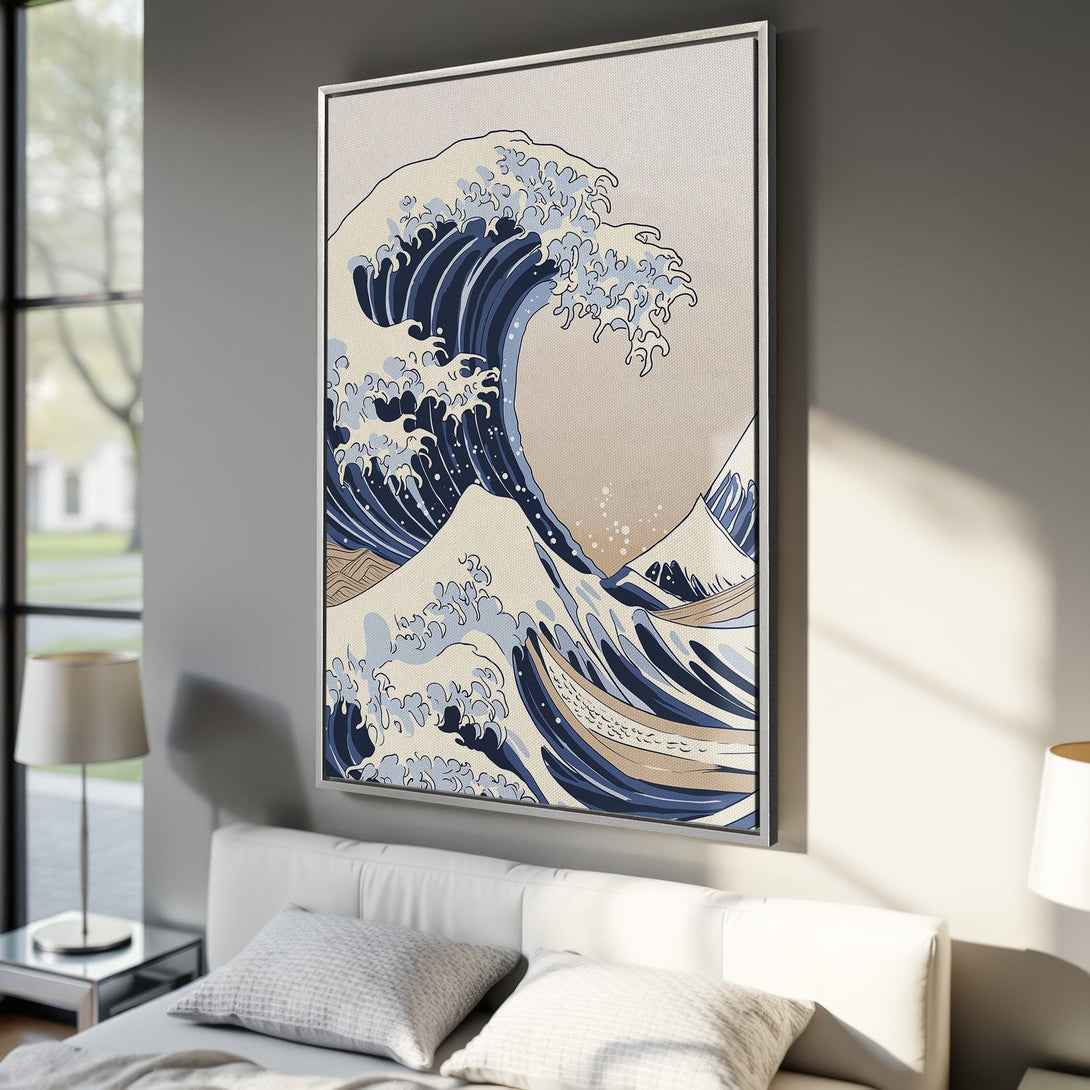 Framed Wall Art: Hokusai's Great Wave Canvas Print in a bedroom. Japanese-inspired art with blue, beige, and tan tones. Perfect for adding a touch of zen.