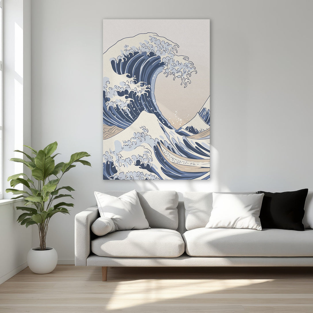 Framed Wall Art: Japanese wave art in blue and beige tones. Add a touch of zen to your space with this stylish Canvas Print!