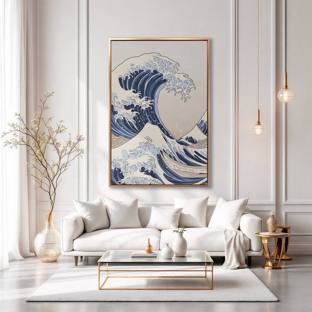 Framed Wall Art: Japanese wave art in blue & beige. Modern living room decor featuring a canvas print of Hokusai's Great Wave. Enhance your space with art!