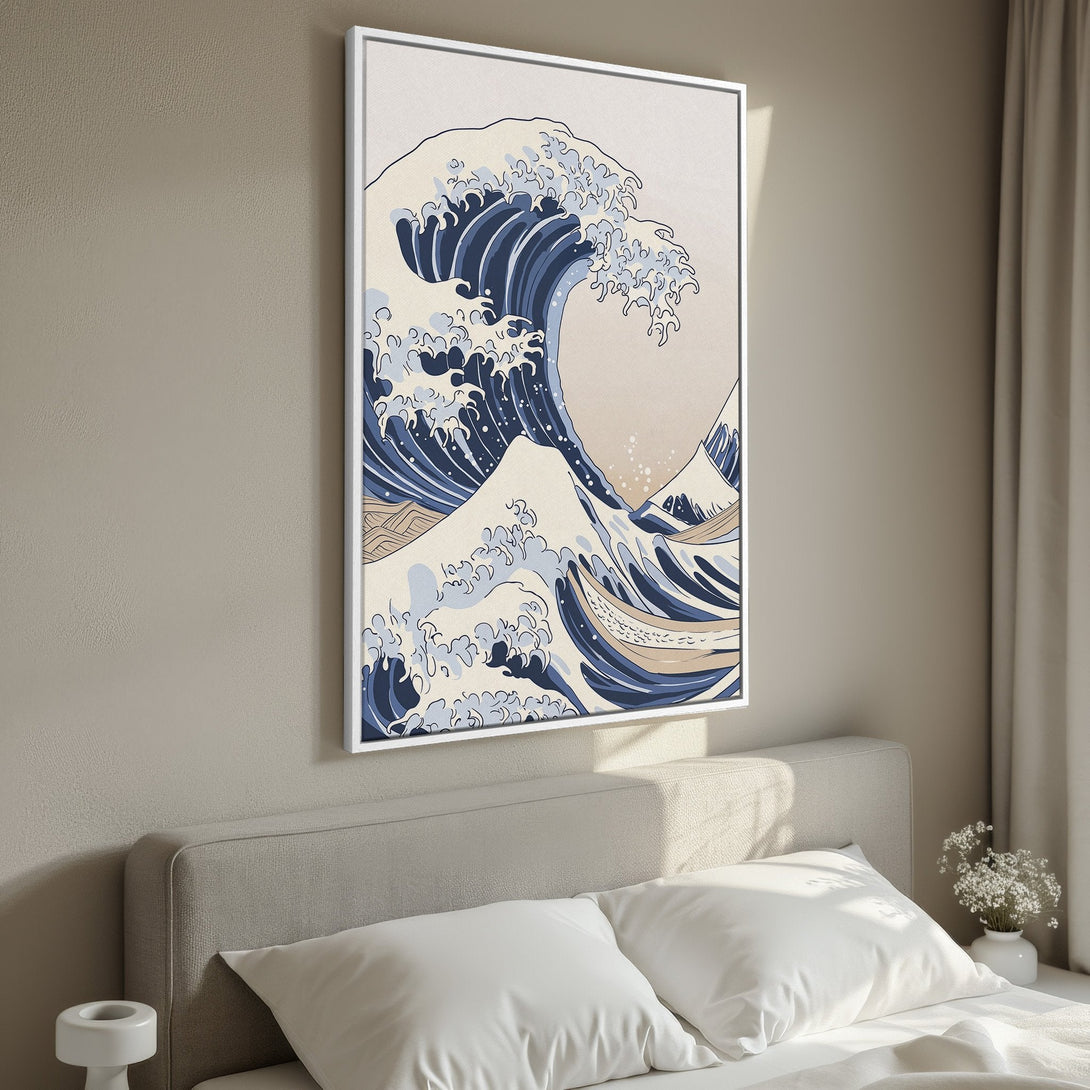 Framed Wall Art: Japanese wave art print in blue & beige. Enhance your space with this stylish canvas print, perfect for modern decor.