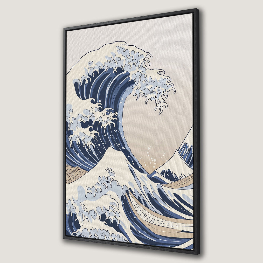 Framed Wall Art featuring Hokusai's Great Wave. Japanese-inspired art in blue, beige, and tan tones. Perfect for adding a touch of zen to your home.