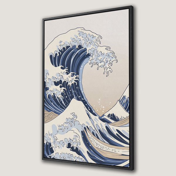 Framed Wall Art featuring Hokusai's Great Wave. Japanese-inspired art in blue, beige, and tan tones. Perfect for adding a touch of zen to your home.