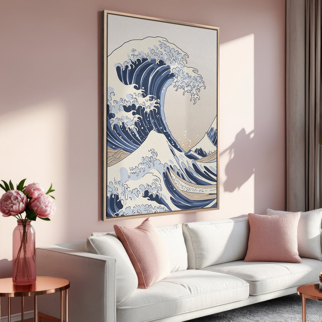 Framed Wall Art featuring Hokusai's "Great Wave" in blue and beige tones. Perfect for adding a touch of classic art to any living space.