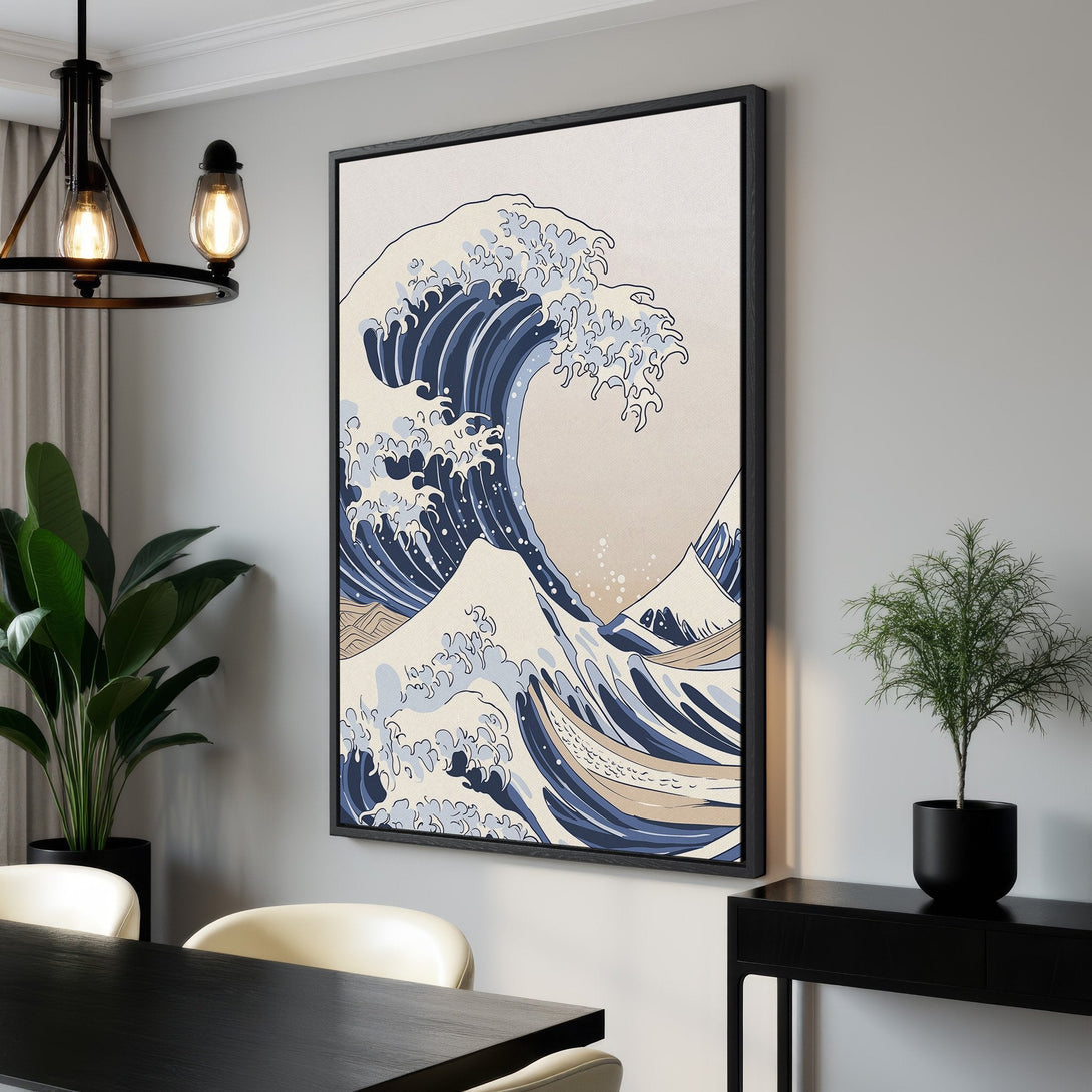 Framed Wall Art featuring a classic Japanese wave design. Blue and beige color palette adds a touch of serenity to any space. Perfect for modern decor!