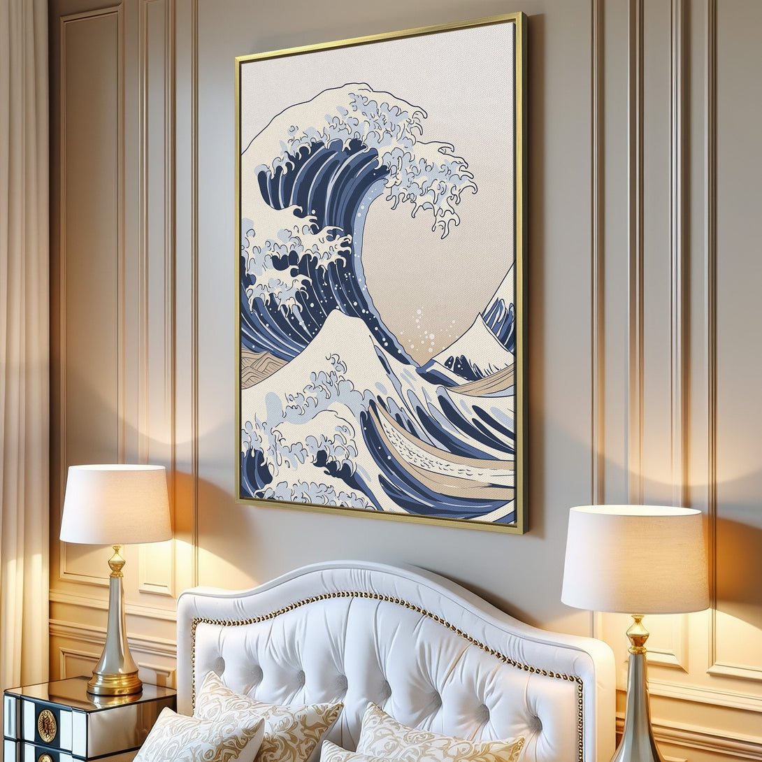 Canvas Print of Hokusai's Great Wave in blue and beige, a classic Japanese art style. Perfect for adding a touch of zen to your home decor.
