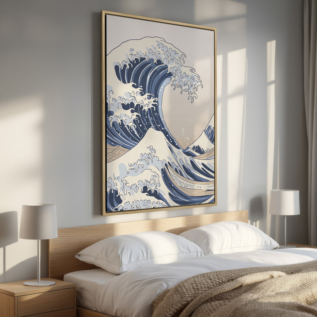 Framed Wall Art: Japanese wave art Canvas Print in blue and beige tones. Perfect bedroom decor for a serene and stylish space.