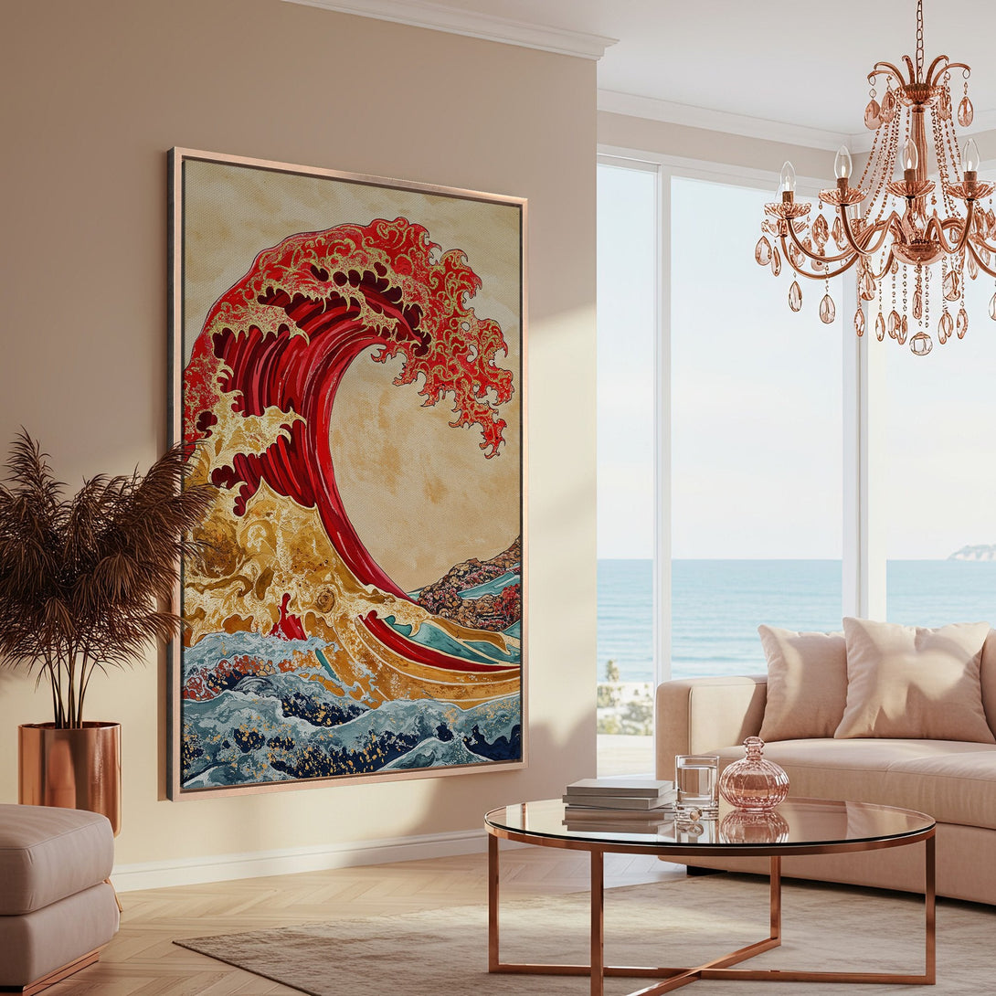 Framed Wall Art featuring a vibrant red wave in a Japanese style, set in a neutral interior with a warm color palette. Coastal decor inspiration.