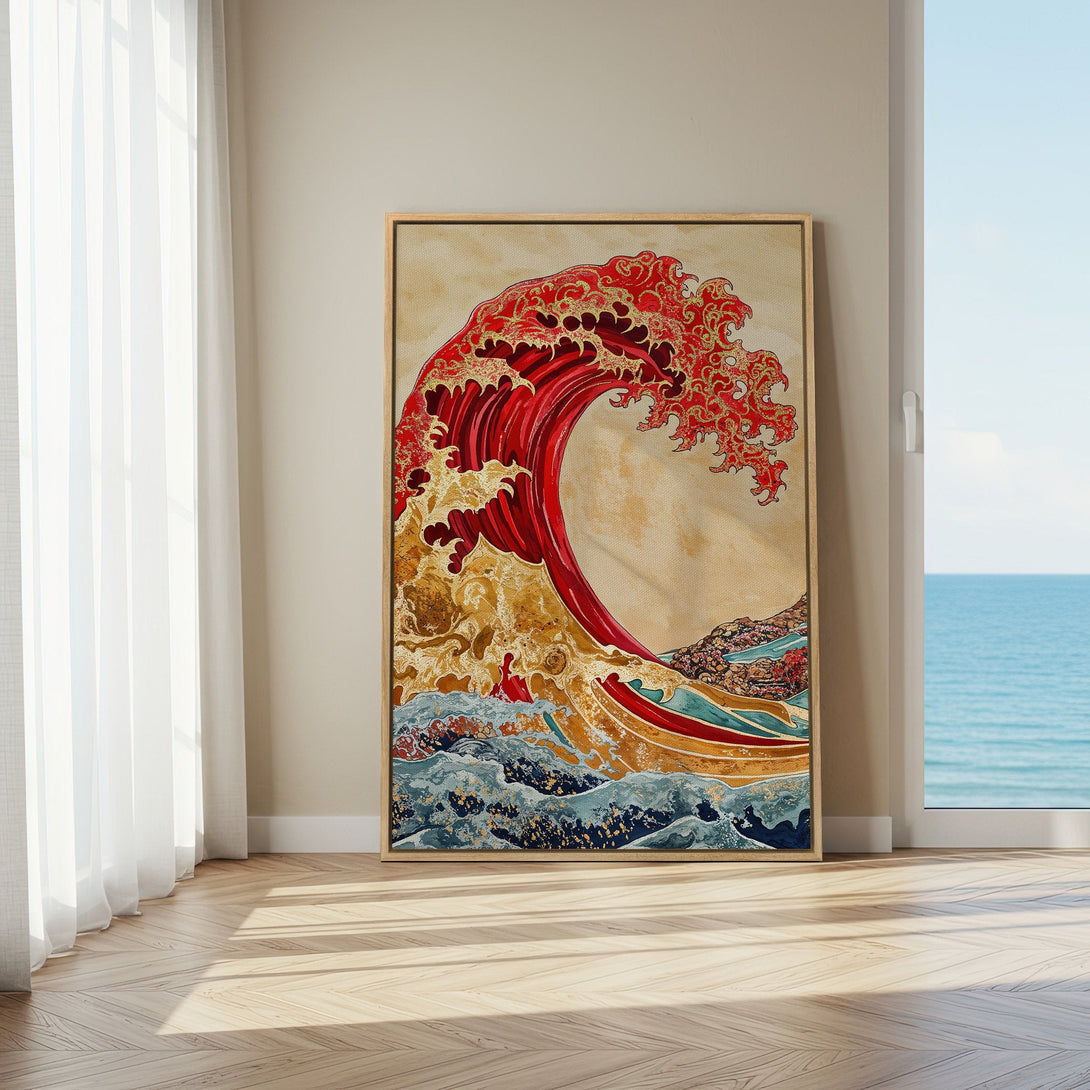 Framed Wall Art: Japanese wave art in red, gold, and blue. Stylish Canvas Print adds a touch of zen to any space. Shop now!