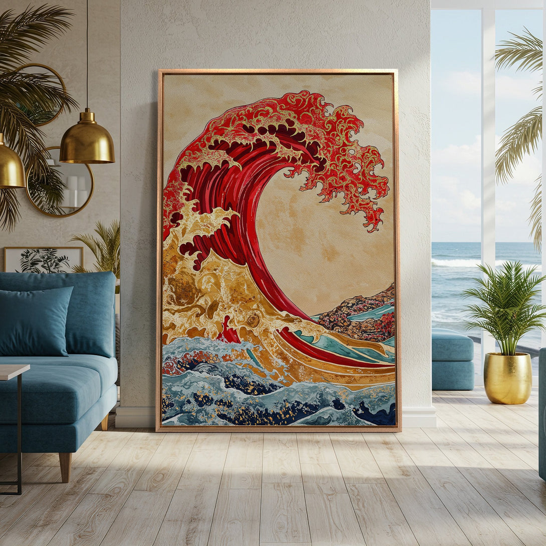 Framed Wall Art: Japanese wave design in red, gold, and blue. Adds a touch of zen to your living space. Shop now for stunning wall decor!