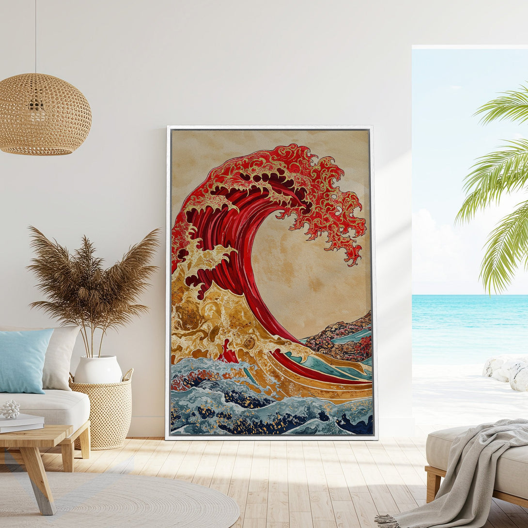 Framed Wall Art: Japanese wave art print in red, gold, and blue. Coastal decor with a touch of zen for your home. Shop now!