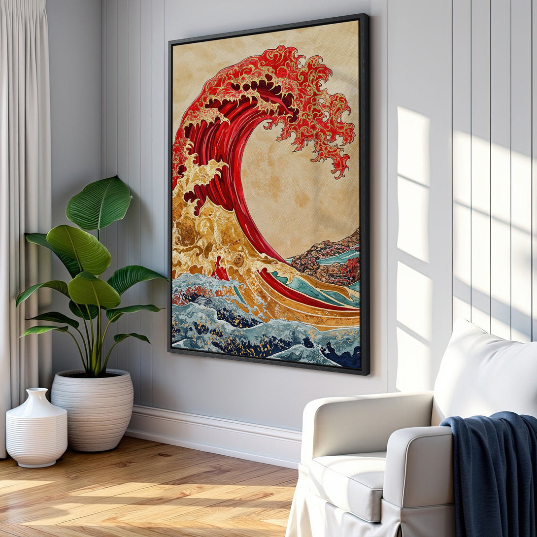 Framed Wall Art featuring a vibrant red wave in the Japanese Ukiyo-e style. Adds a pop of color with a gold, blue, and beige palette to any room.