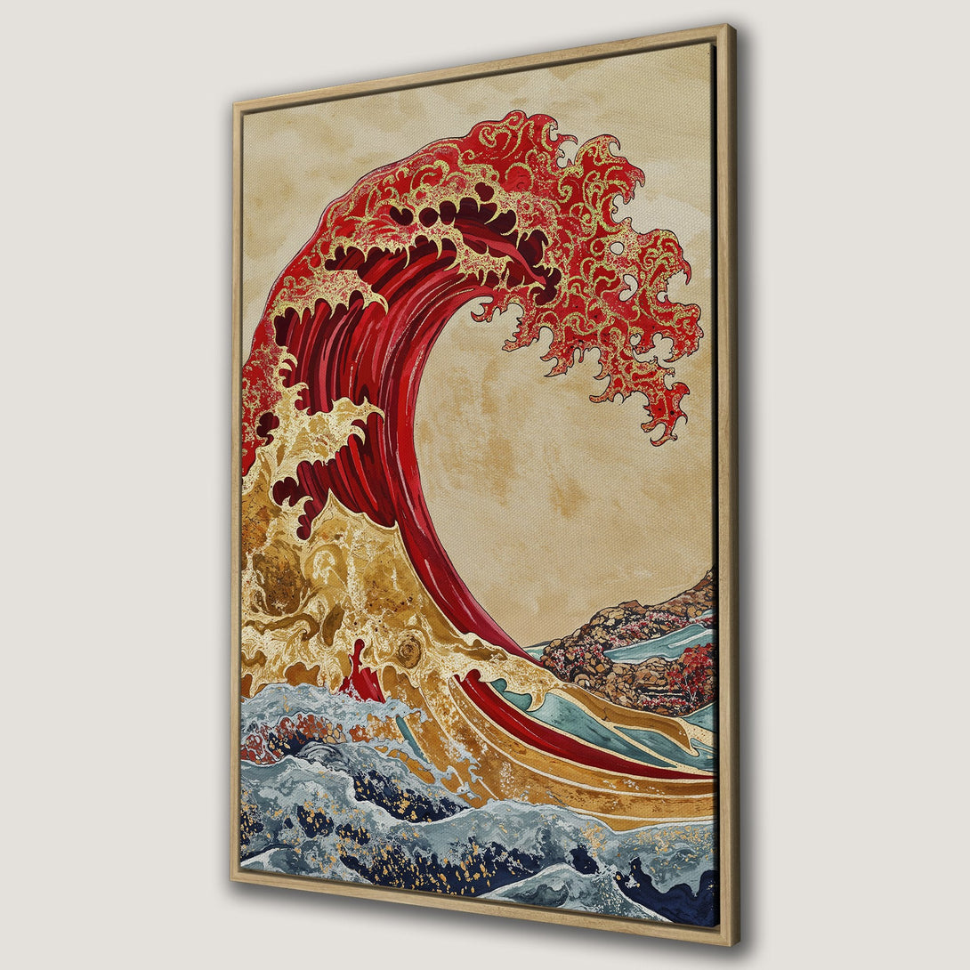 Framed Wall Art featuring a vibrant red and gold wave in a Japanese style. A stunning canvas print with a warm, earthy color palette.