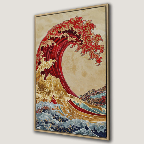 Framed Wall Art featuring a vibrant red and gold wave in a Japanese style. A stunning canvas print with a warm, earthy color palette.