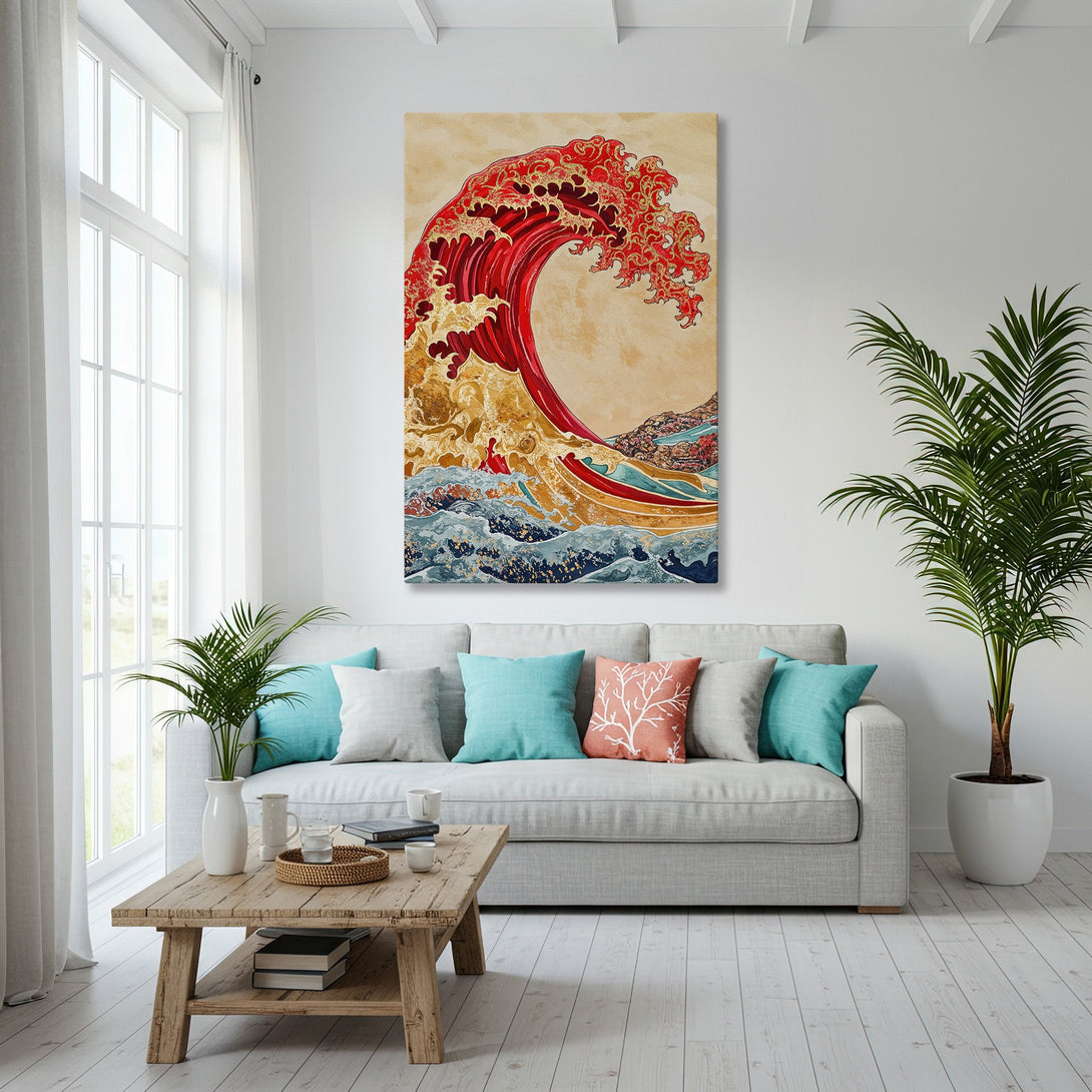 Framed Wall Art featuring a vibrant red wave in a Japanese style, gold accents, and a warm color palette, perfect for coastal decor.