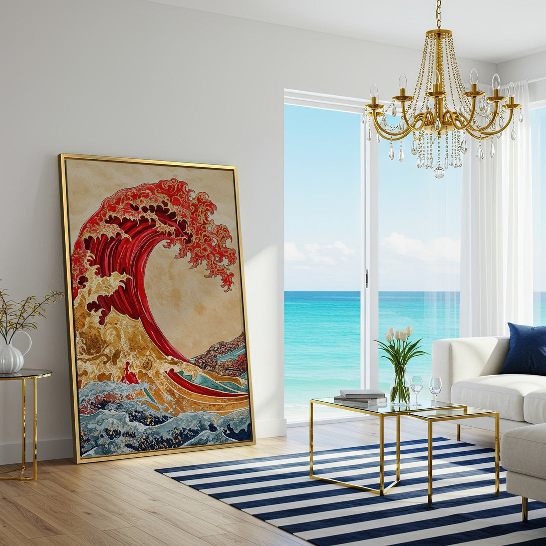 Canvas Print of a Japanese wave art print in a living room. Features red, gold, and blue hues. Perfect wall decor for a modern home.